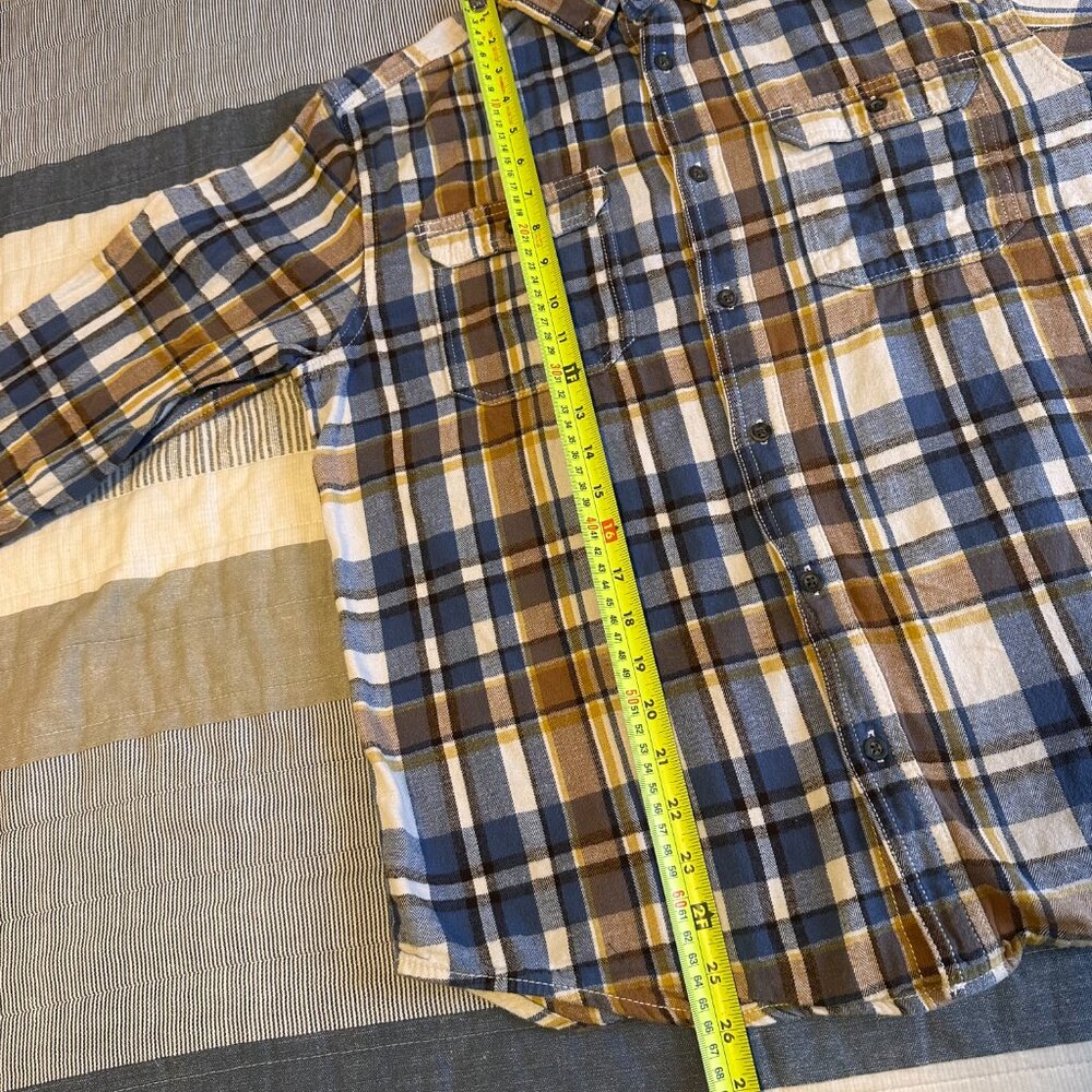 George Casual Button Down Mens Medium brown Blue Plaid Dress Flannel Shirt - Picture 5 of 6